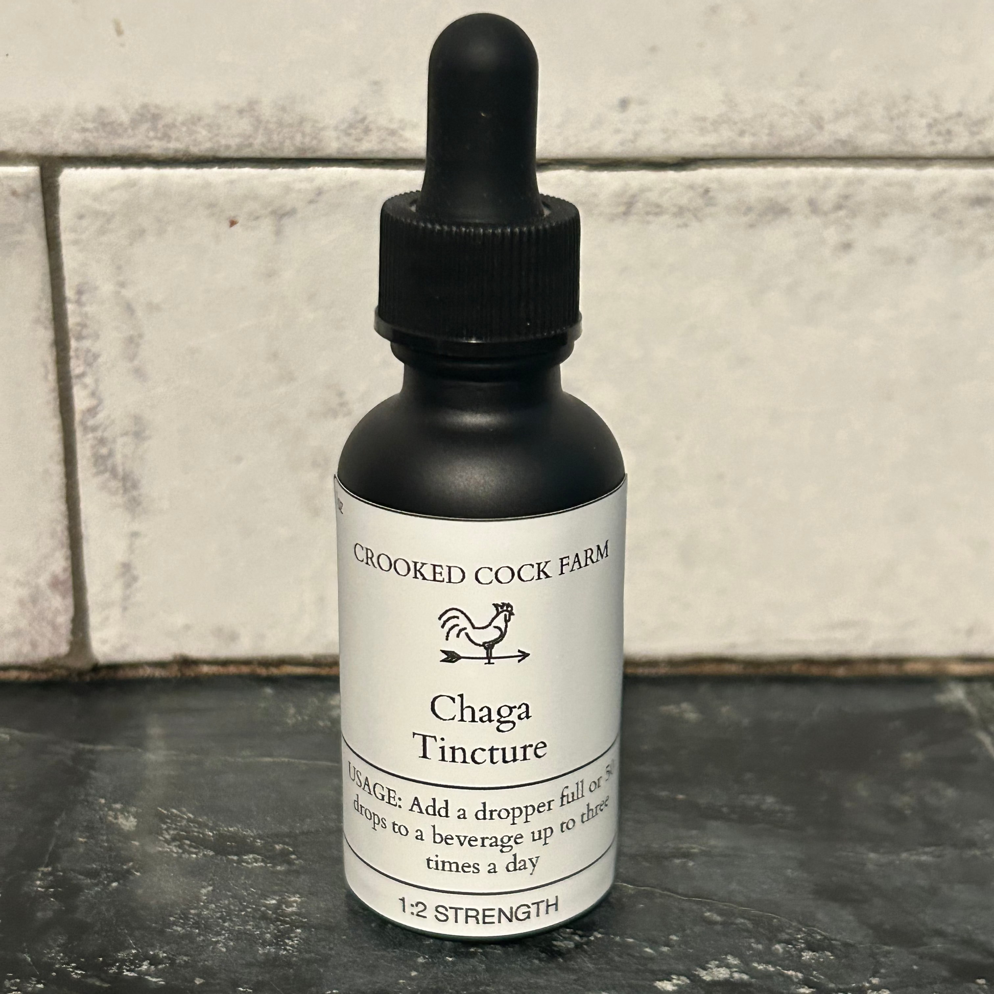Bottle of Chaga Tincture from Crooked Cock Farm